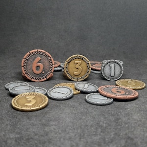 Set of silver, gold and bronze 7 Wonders metal coins of value 1, 3, 6 for board games (several sizes are available)