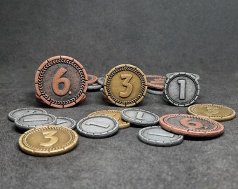 Set aus silbernen, goldenen und bronzenen 7 Wunder Metallmünzen mit einem Wert von 1, 3 und 6 für Brettspiele (mehrere Größen sind verfügbar)