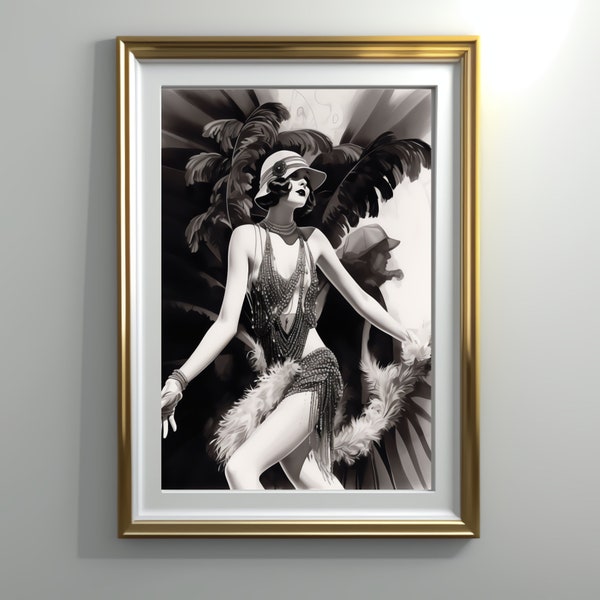 Roaring 20s Wall Art, Gatsby Style Art, Printable Wall Art, Dancing Flapper, Digital Download, Jazz Age Art Deco Poster, Black and White