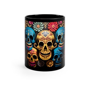 Bright Skeletons Halloween & Dia De Los Muertos inspired 11oz Coffee or Tea Mug in Black Ceramic | Spooky Season | Fall Mug