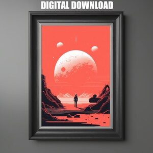 Sci Fi Wall Poster in Risograph Aesthetic, Digital Download of Minimalist SciFi Wall Art, Retro Space Army, Red Sci Fi Art of Astronaut