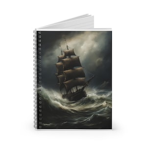 Dark & Moody Stormy Sea Ship Spiral Notebook Ruled Line | Gothic Style Antique Vintage Notebook | Personal Stationary