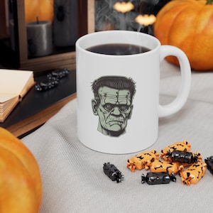 Frankenstein Monster 11 oz Halloween Inspired Coffee or Tea Mug in White Ceramic | Spooky Mug | Fall Mug | Gift Idea
