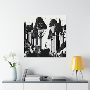 Canvas Print Wall Art , Black and White Abstract Forest Landscape Shapes, Illustrations, Modern Minimalist Wall Décor
