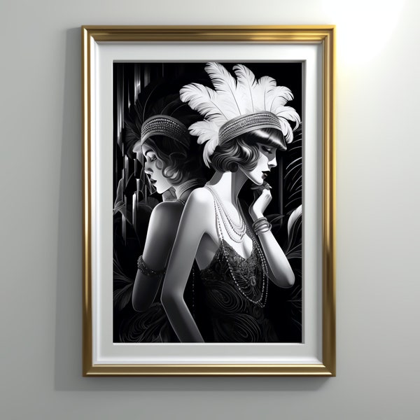 Roaring 20s Wall Art, Gatsby Style Art, Printable Wall Art, Flapper Women, Digital Download, Jazz Age Art Deco Poster, Black and White