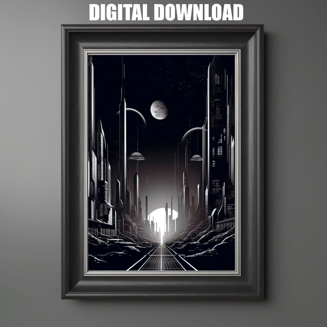 Affiche dart mural de sciencefiction, Noir Futuristic City Art Print