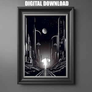 Sci Fi Wall Art Poster, Noir Futuristic City Art Print, Digital Download, Black and White SciFi Art, Retro Science Fiction, Sci-Fi City
