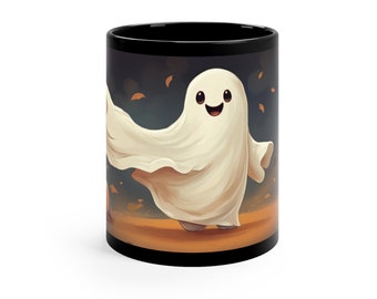 Cute Autumn Halloween Ghost 11oz Coffee or Tea Mug in Black Ceramic | Spooky Season | Fall Mug | Gift Idea