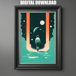 Sci Fi Wall Art Poster, Risograph Aesthetic Art Print, Digital Download, Minimalist SciFi Wall Art, Retro Science Fiction Astronaut
