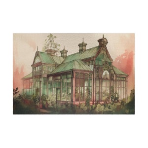 500 and 1000 Piece Watercolor Style Puzzle of Victorian Era Greenhouse.  Glossy Finish, Gift for Friends & Family