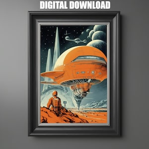 Sci Fi Wall Art Poster, Retro Spaceship Art Print, Digital Download, Minimalist SciFi Wall Art, Retro Science Fiction, Sci-Fi Planet