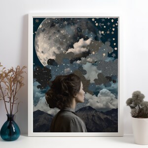 Surreal Collage Style Print of a star-filled night sky for Digital Download. Whimsical Collage wall art for home, office, bedroom, and more
