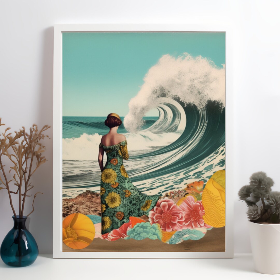 Collage Style Beach Art Print for Digital Download, Surreal, and Serene Beach Theme Art for