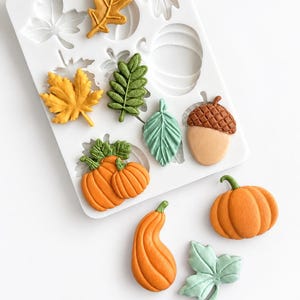 May include: A white silicone mold featuring various autumn-themed cavities, including leaves, pumpkins, and an acorn. Several finished, colored clay or fondant shapes are placed within the mold and arranged next to it, showcasing orange pumpkins, green and yellow leaves, and a brown acorn.