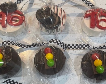 Traffic themed chocolate covered Oreos , cars theme , race car birthday , two fast