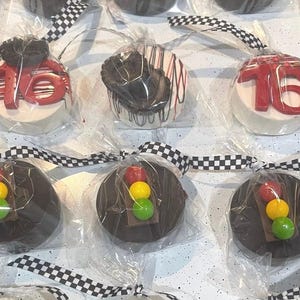 Traffic themed chocolate covered Oreos , cars theme , race car birthday , two fast