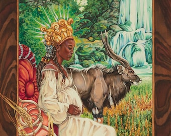 May include: A pregnant woman wearing a white dress and a gold crown sits on a red throne. She is surrounded by lush greenery, a waterfall, and a brown antelope.