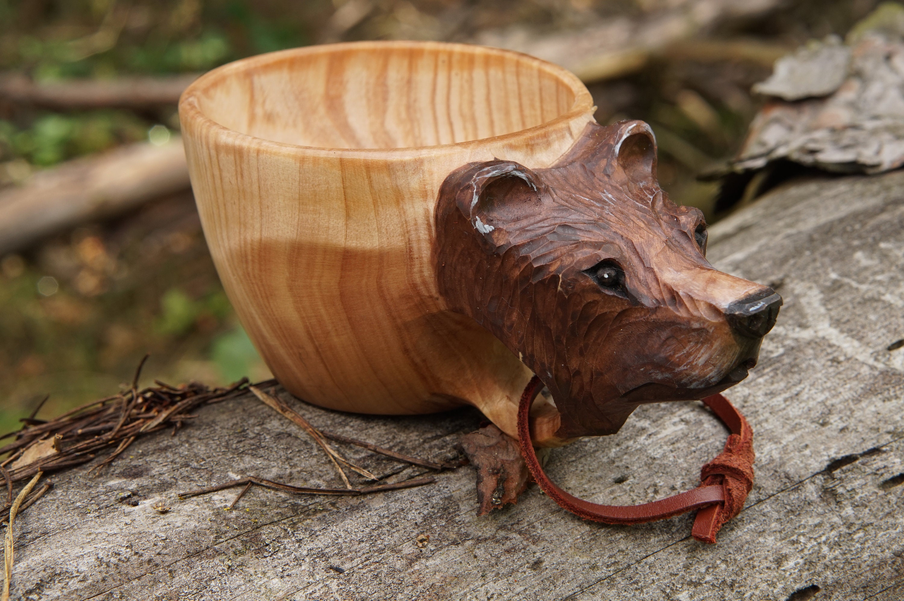 Gift Cup. Handmade Wooden Mug BEAR With Carving. Kuksa. Gift for a
