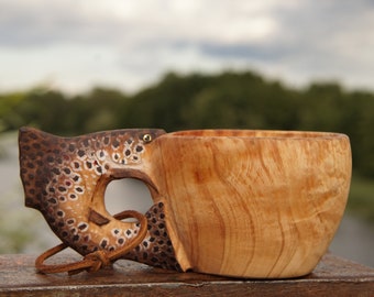 Kuksa. Handmade wooden mug ( SALMON ) with carving. Gift for a hunter or fisherman. Ecoware. Made by birch burl.  Birch mug