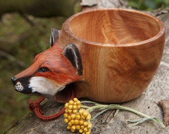 Birch mug. Ecoware. Kuksa. Handmade wooden mug ( FOX) with carving. Gift cup for a hunter or fisherman. Made by birch burl