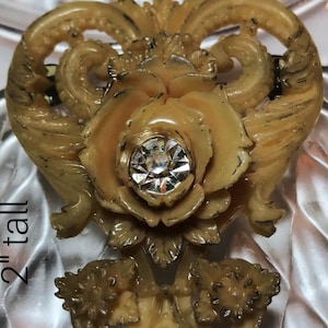 Vintage Brooch Rose Beige Clear Rhinestone