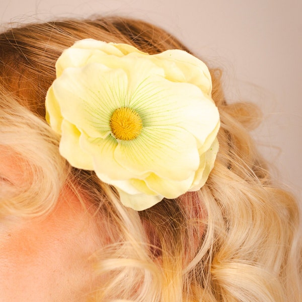 1920s Vintage Yellow Flower Hairclip with Velvet Leaves: Perfect Floral Accessory for Festivals, Weddings, Proms, and Parties