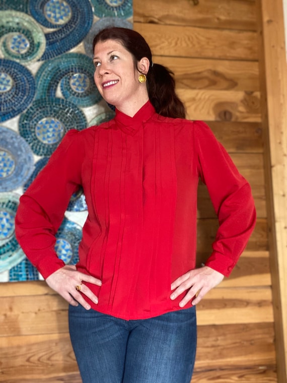 Vintage 1980’s Women’s Cherry Red Pleated Blouse - image 3