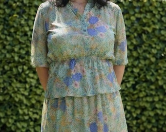 Women's Vintage 1970’s Mint Green Floral Skirt Set