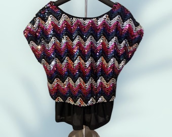 Women's Vintage 1980's Pink Black Sequin Blouse