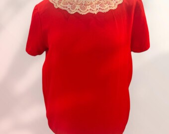 Women's Vintage 1980’s Red Lace Collar Blouse
