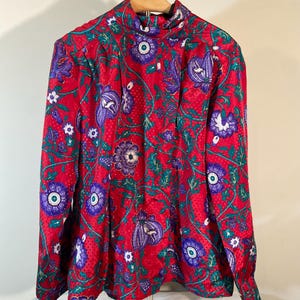 Vintage Women’s 1980’s Red, Purple and Green Floral Blouse