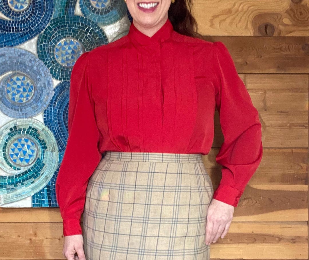 80s Tuxedo Shirt | Vintage Women's Long-Sleeved Shirt| Red Pleated Spanish-inspired Bold Blouse main image 0
