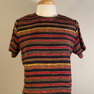 Vintage Women’s 1990’s Red, Navy and Gold Printed Blouse