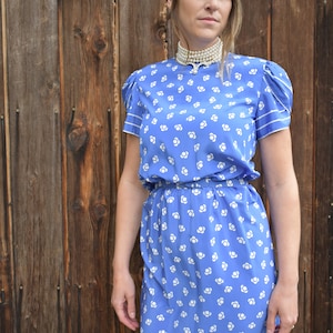 Vintage Women’s 1980’s Blue and White Geometric Print Dress