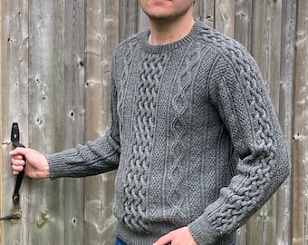 Hand knit Men's Aran sweater in Merino wool