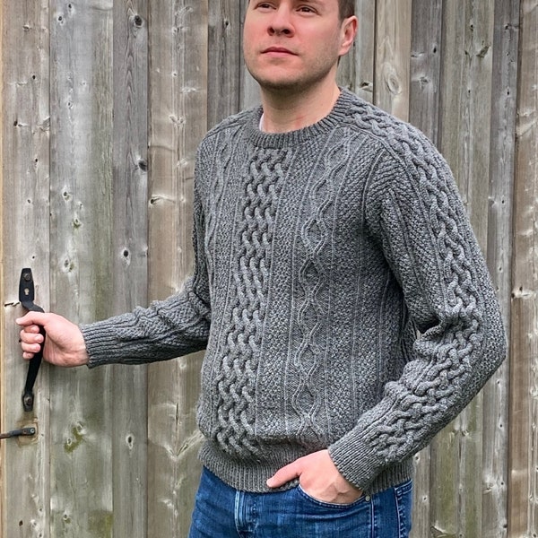 Hand knit Men's Aran sweater in Merino wool