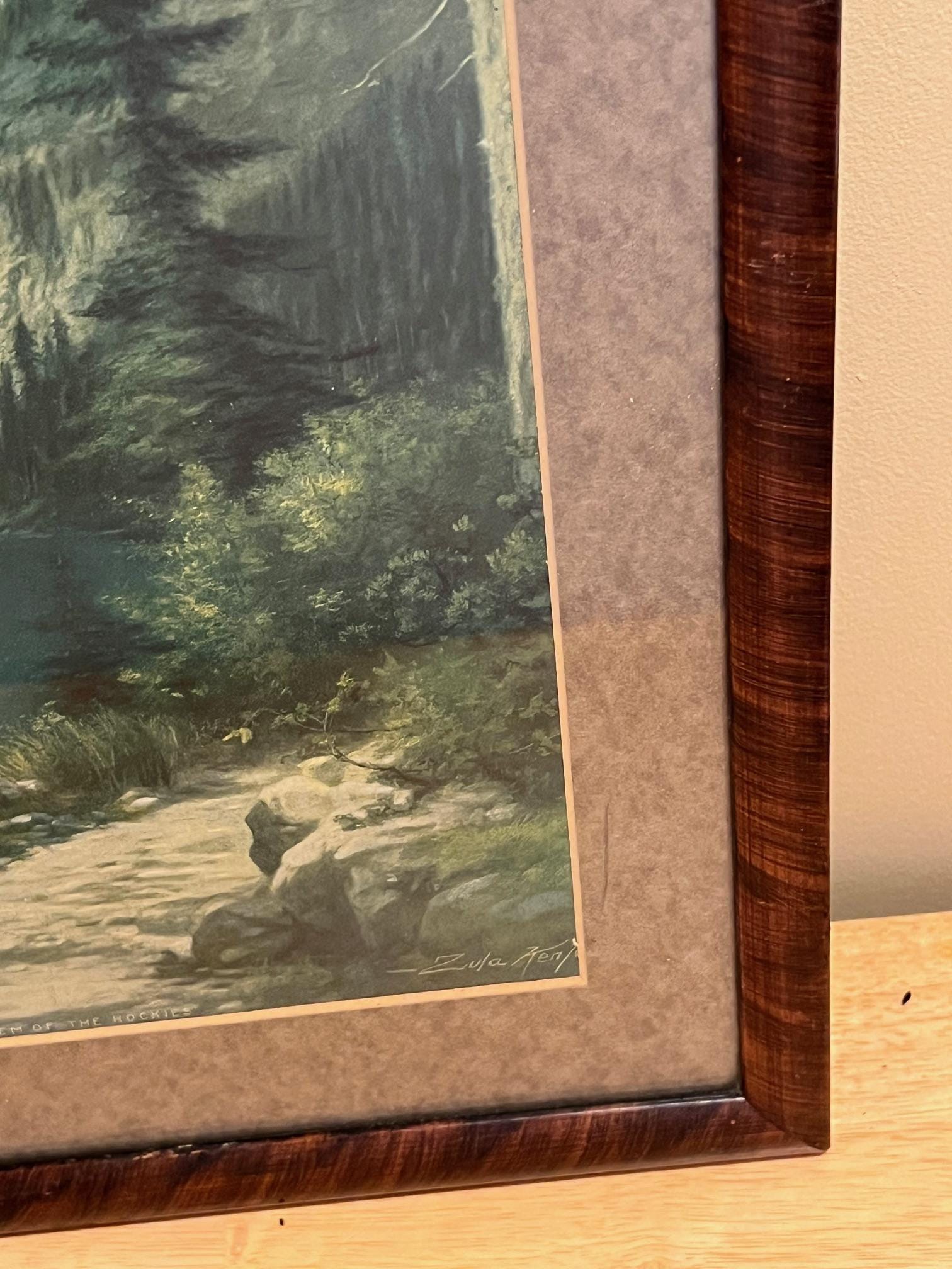 Antique Lithograph Mountain Print in Tiger Wood Frame by