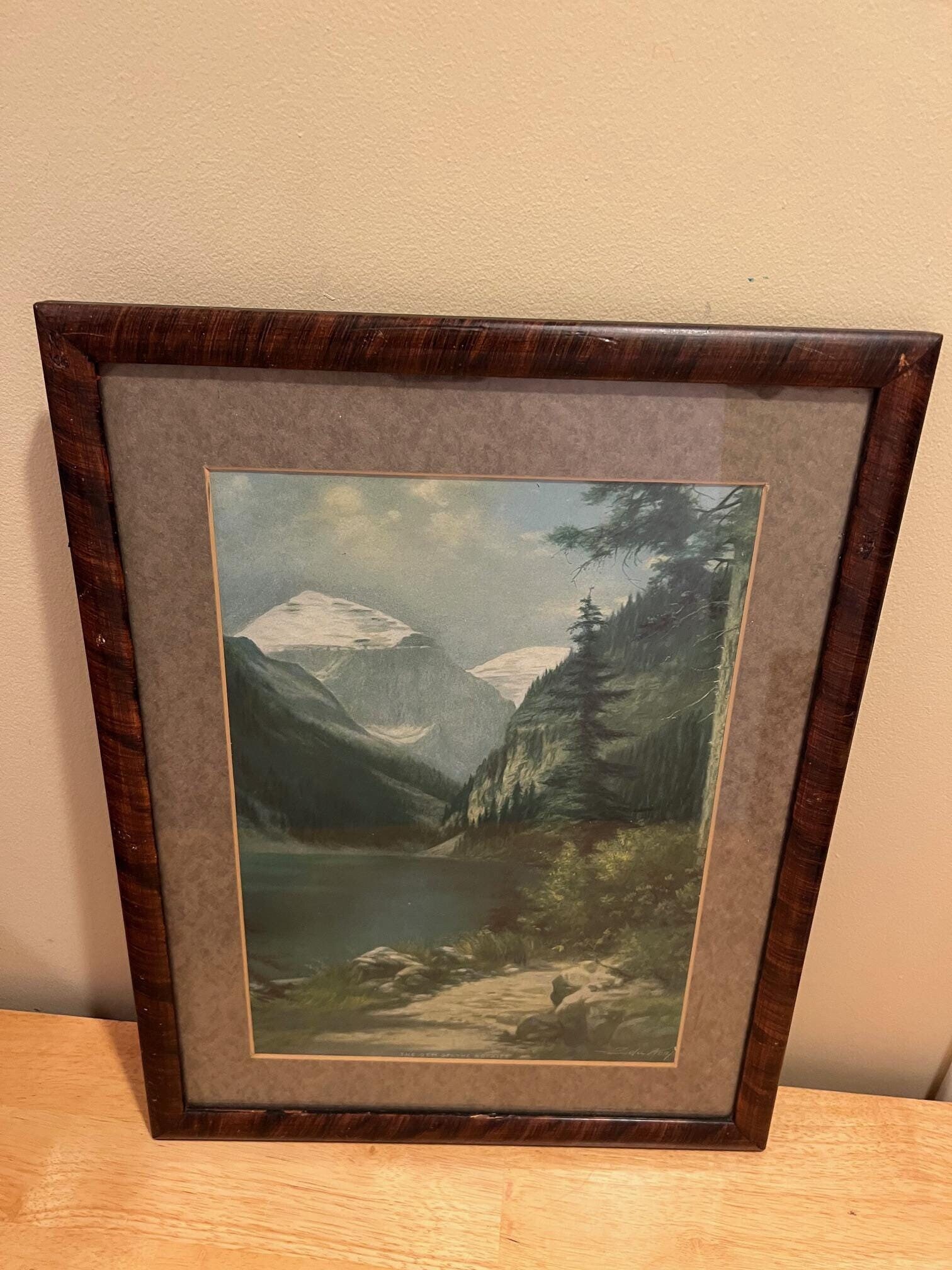 Antique Lithograph Mountain Print in Tiger Wood Frame by