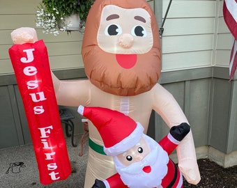 Christmas 6 ft Tall Inflatable Yard Decor with LED Lights - Jesus First - Santa Claus  FREE US Shipping