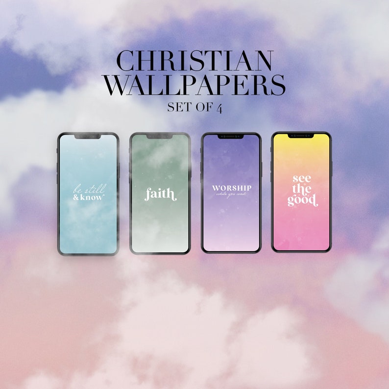 Op de afbeelding: Set van vier telefoonachtergronden met een bewolkte achtergrond. De achtergronden bevatten de tekst "be still & know", "faith", "worship" en "see the good".