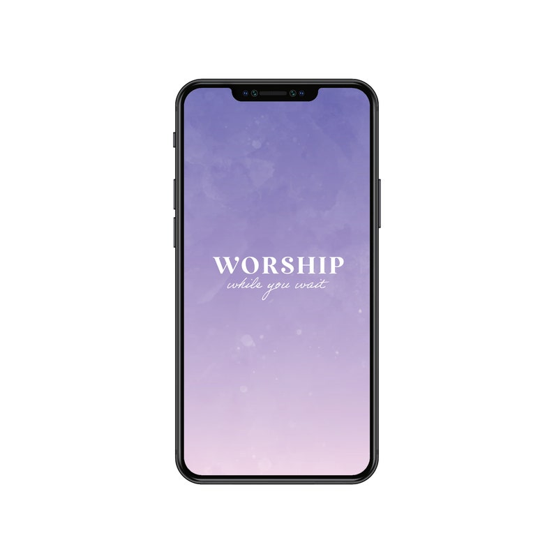 Op de afbeelding: Een paarse en witte telefoonachtergrond met de tekst "WORSHIP while you wait".