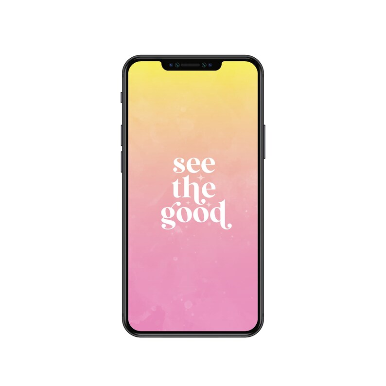 Op de afbeelding: Een smartphone met een roze en gele gradi&euml;ntachtergrond en de tekst "see the good" in wit.