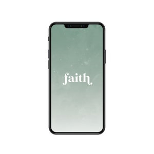 Op de afbeelding: Een smartphone-scherm met het woord "faith" in witte tekst op een groene achtergrond.