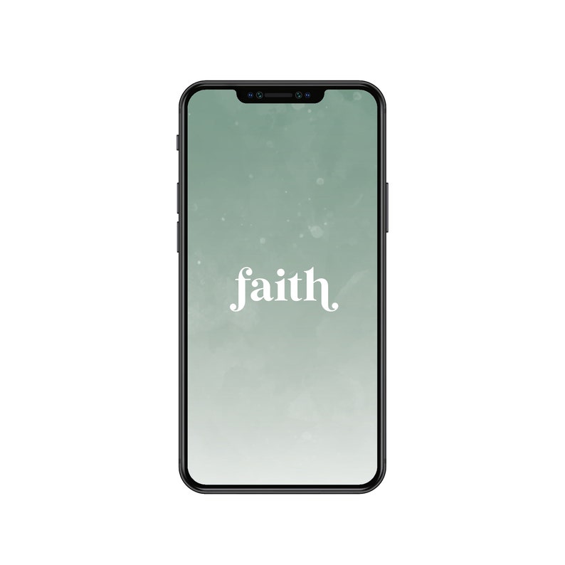Op de afbeelding: Een smartphone-scherm met het woord "faith" in witte tekst op een groene achtergrond.