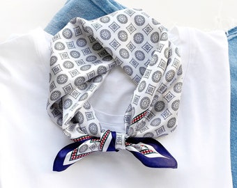 Foulard en soie 100% mûrier à imprimé géométrique blanc argenté, foulard en soie, foulard, enveloppement de tête, bandana pour femmes, foulard pour hommes, foulard