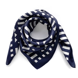 Navy Geometric 100% Pure Mulberry Silk Scarf, Silk Bandana, Silk Hair Scarf, Head Scarf, Head Wrap, Silk Neck scarf, Silk Neckerchief