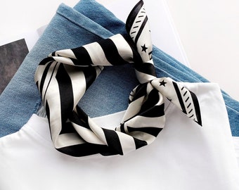 Foulard en soie 100 % mûrier rayé noir et blanc, bandana en soie homme femme, foulard pour cheveux, foulard, tour de tête, foulard, foulard