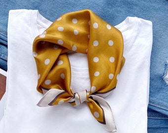 Foulard 100 % soie de mûrier jaune moutarde à pois rockabilly, foulard pour cheveux en soie, bandana en soie pour femme, foulard en soie, foulard en soie