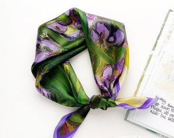 Bandana 100 % soie de mûrier à imprimé floral violet iris, foulard en soie pour femme, écharpe en soie carrée, foulard, écharpe pour cheveux en soie, foulard