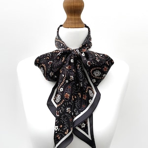 Black paisley print long hair scarf, head scarf headband, silk feel long skinny scarf for women, vintage-inspired satin scarf necktie
